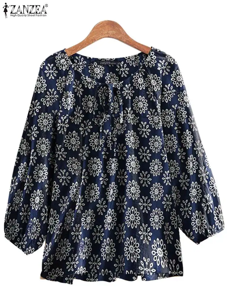 

ZANZEA Lace-Up Round Neck Casual Blouses 3/4 Sleeve Kaftan Women Floral Printed Tops Loose Oversized 2023 Summer Vintage Shirts