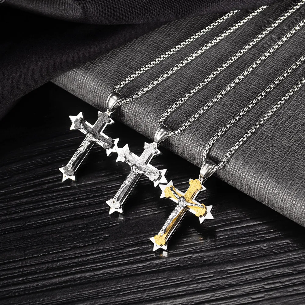 

Fashion European Double Ring Stainless Steel Pendant Hip Hop 3 Colors Classic Cross Necklace Jewelry Birthday Gift