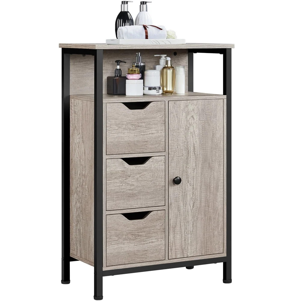 

SMILE MART Wooden Floor Storage Cabinet with Shelves 3 Drawers for Living Room Entryway Kitchen, Gray Cabinet Furniture