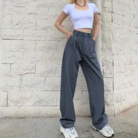 2021 new streetwear ladies loose trousers pockets full length bottom casual high waist straight pants for women suit pants