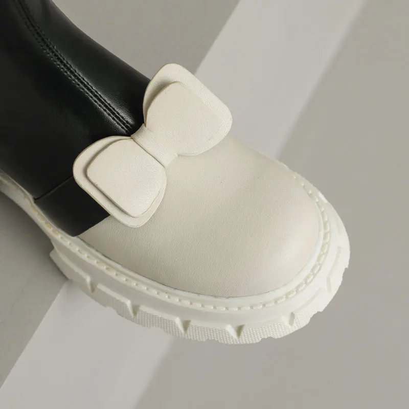 Lolita Style Chelsea Short Boots Women Cow Leather Ankle Booties 2022 Luxury Bow Decorate Gradual Black White Girls Wedges Shoes