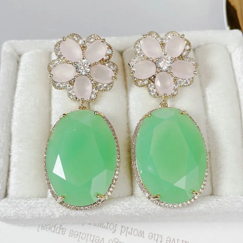 

Bilincolor Pink Flower and Green Zirconia Earring for Women