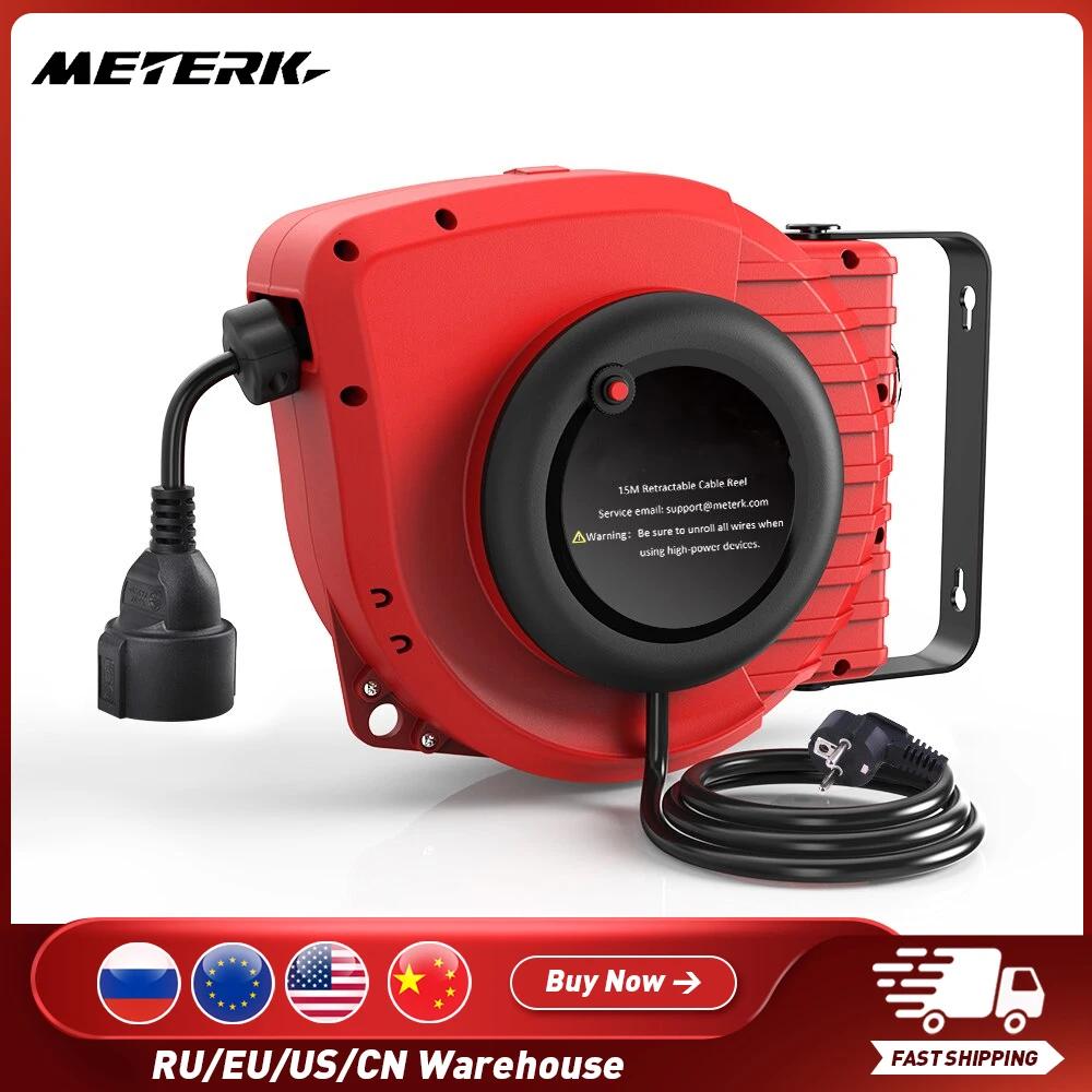 Meterk 50FT 120V 1500W Retractable Cord Reel Wall Mounted Auto-retract Hose Adjustable Stopper Power Tool Accessories - купить по