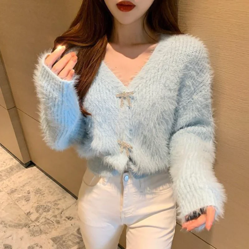 

Sweater Luxury Glitter Rhinestone Bow Buttons Coat Mohair Knitted Cardigan Pearls Buckles V-Neck Mink Cashmere Knitwear Fur Tops