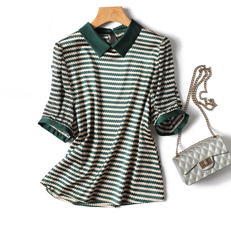 

Satin Shirt for Women Summer 2023 New In Striped Casual Loose Blouses Fashion Short Sleeve Silk Printed Top Turn-down Collar