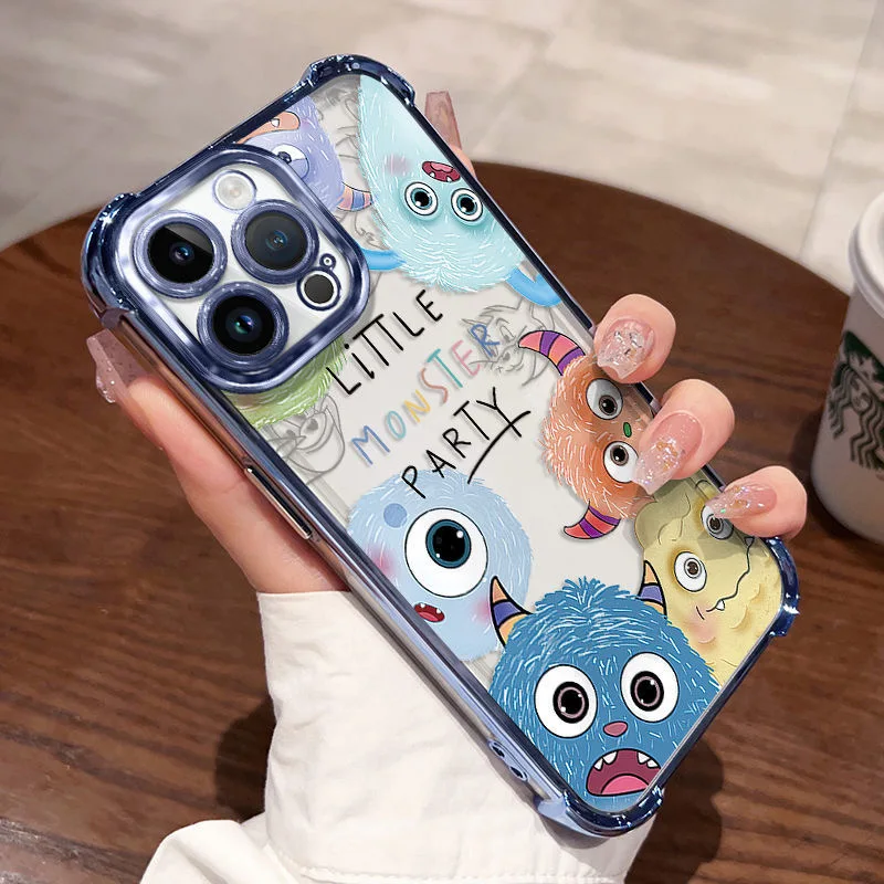 Cute Cartoon Monsters Plating Case For iPhone 16 15 14 13 12 11 Pro Max X XR XSMax 7 8 Plus Shockproof Anti-Fall Armor Cover