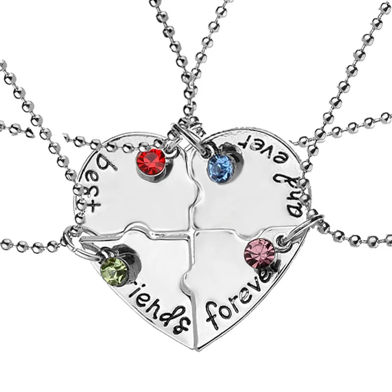 

Silver Tone Alloy Rhinestone Best Friends Forever and Ever BFF Necklace Engraved Puzzle Friendship Pendant Necklaces Set