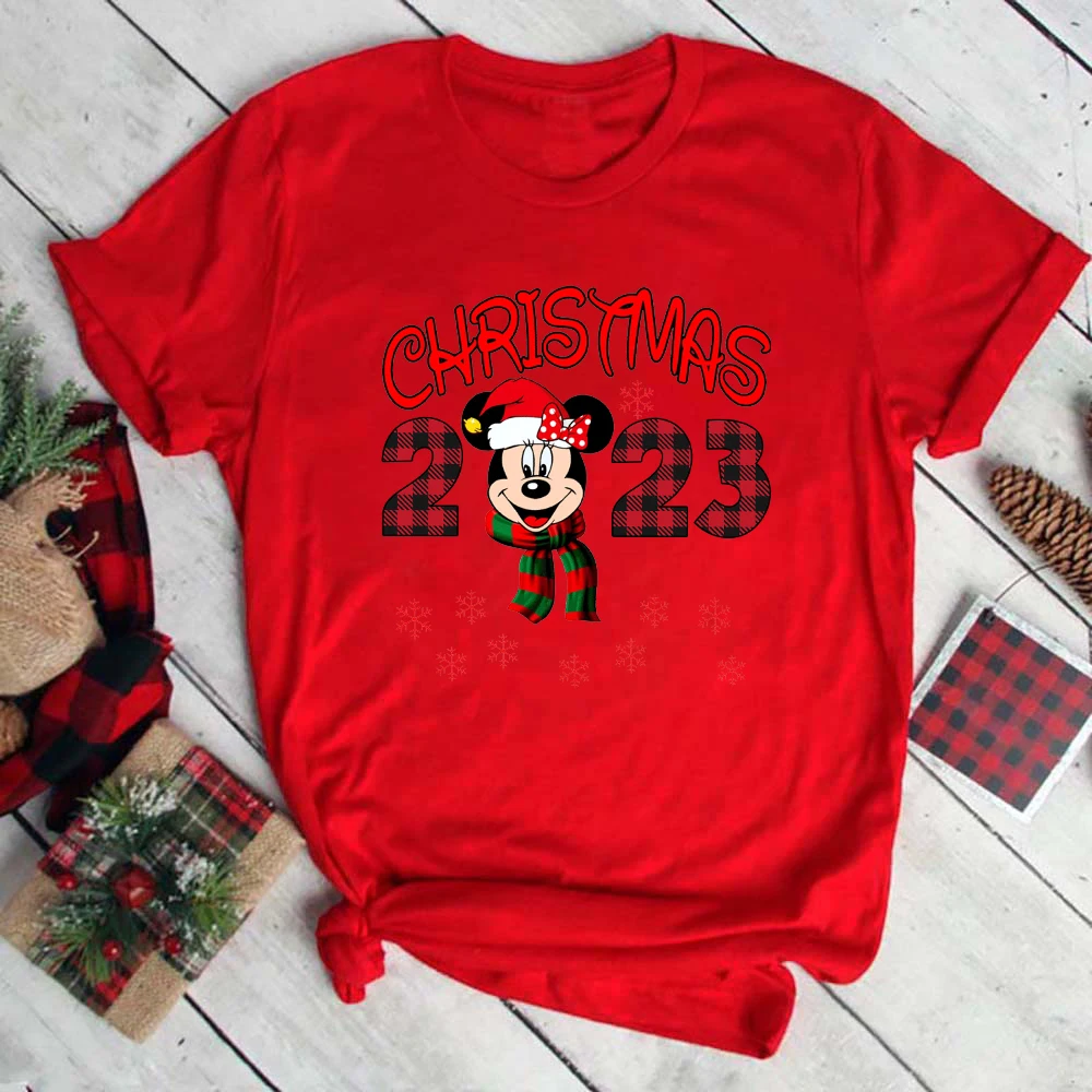 Disney Christmas Women Blouses 2023 Fashion Minnie Print Happy New Year Family Clothes Kids T-shirt Red Xmas Party T Shirt Gift