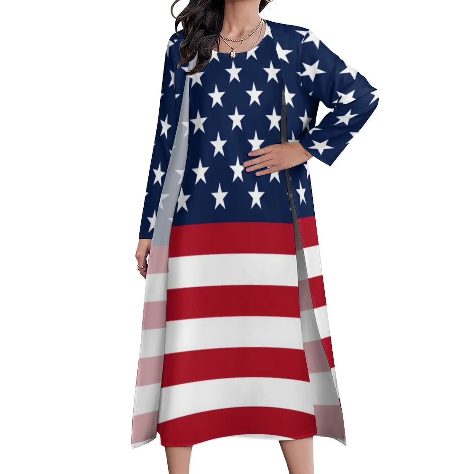 

Женское длинное платье со звездами, красное, белое, синее платье-макси в полоску с флагом США и длинными рукавами, в богемном стиле