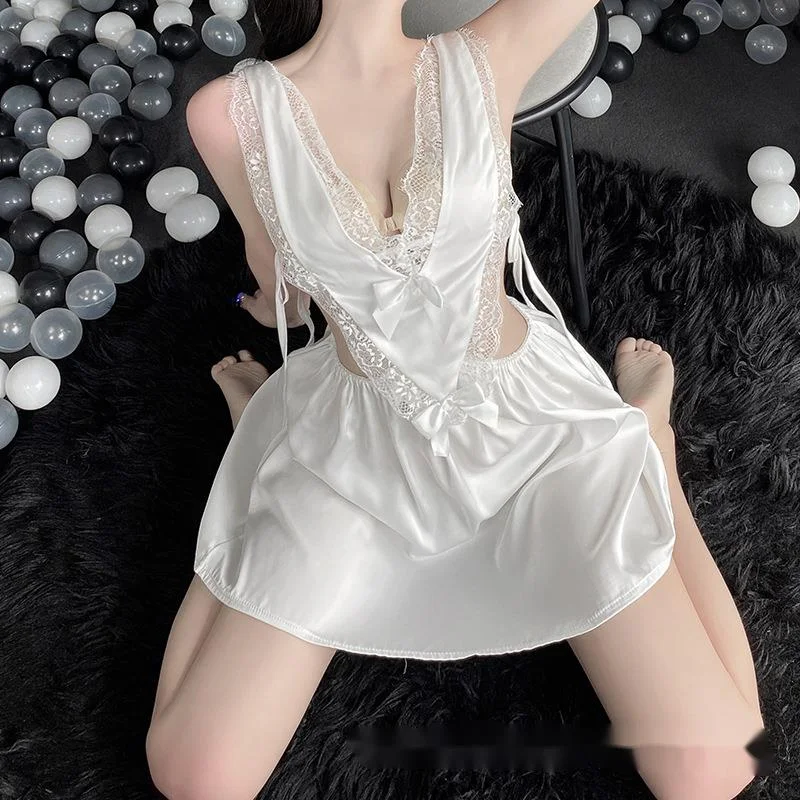 

Sexy Underwear Dew Milk Satin Lace Pajamas Women's Suspender Backless Hollow Out Uniform Temptation Nightdress Home Clothes VYK4