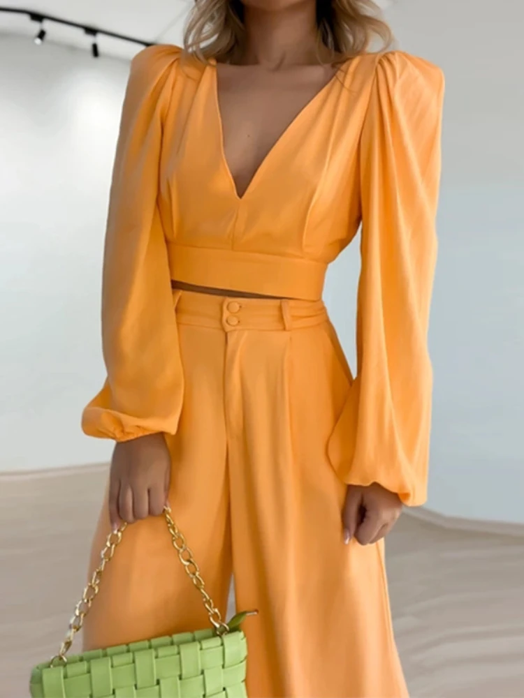 

Sexy Women‘s Suits Summer Spring V Neck Long Sleeve Short Tops Backless High Waist Wide Leg Pants Botton Two Piece Set Women