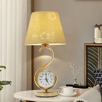 american retro table lamp with silent clock dimmable led light fabric lampshade e27 living room bedroom study desktop lighting d
