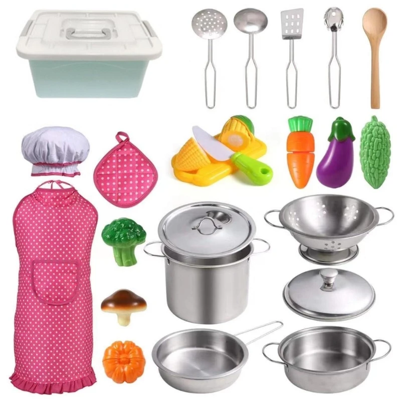 

Boys Girls Educational Stainless Plastics Cooking Utensils Fun Chef Apron Pot Pretend Play Toy Home Kid Kitchen Playset