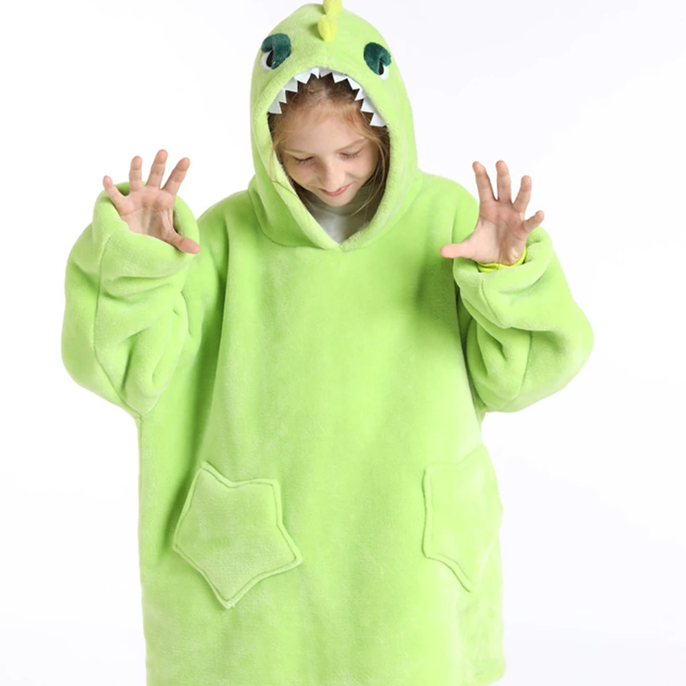 2022 Winter Children Blanket Hooded Flannel Nightgown Animals Cartoon Pullover Women's Warm Loose Students Lazy Clothing Pajamas
