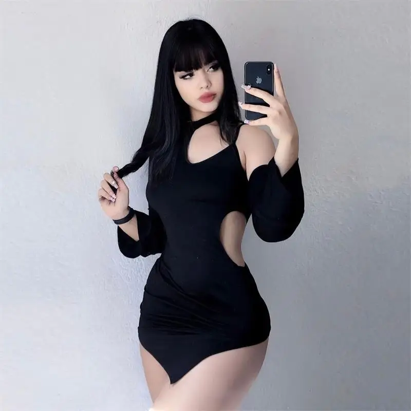 

2022 Summer Sexy Cut Out Tight Dresses Off Shoulder Long Sleeve Bodycon Mini Dress Y2K Women Party Club Outfits Black Clothing