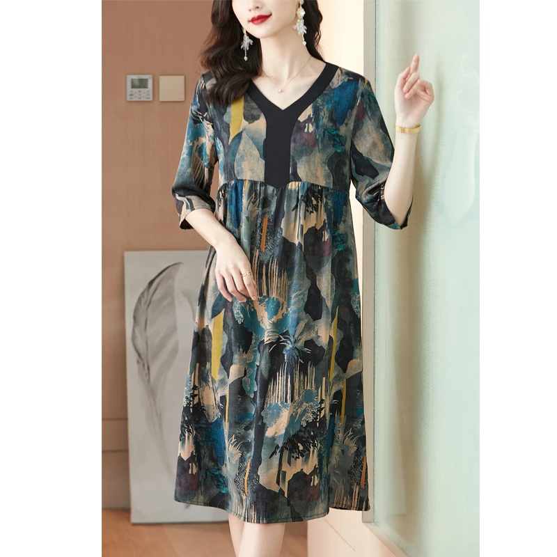 Special Promotion Silk Printing V-neck Ladies Dress 2022 Summer New Large Size Loose And Thin Casual Long Skirt Elegant Party |