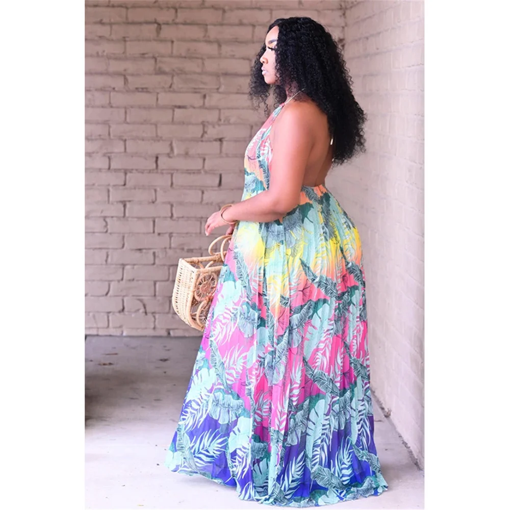 Plus Size Party Dress Sexy Hang a Neck Backless Printing Swing Elegant Summer Maxi Dresses Wholes 3xl 4xl 5xl 6xl