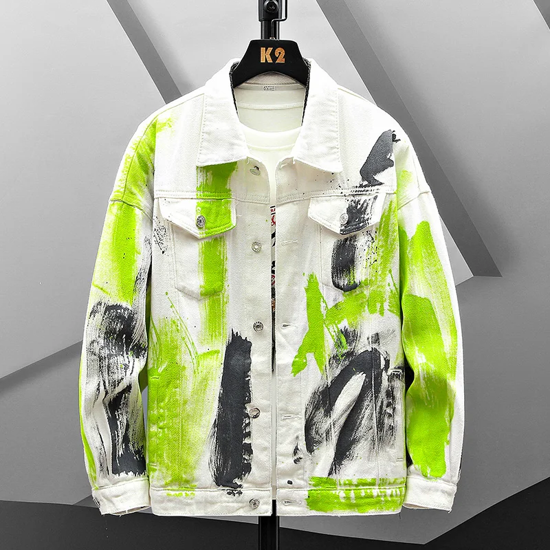 

Куртка мужская джинсовая с принтом, хлопок, короткая, свободного покроя, модная уличная одежда в стиле хип-хоп, весна 2022