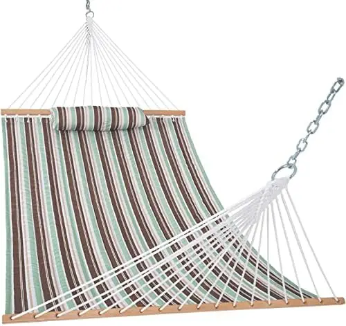 

Daze 12 FT Quilted Fabric Double Hammock with Spreader Bars and Detachable Pillow, 2 Person Hammock for Outdoor Backyard Poolsi