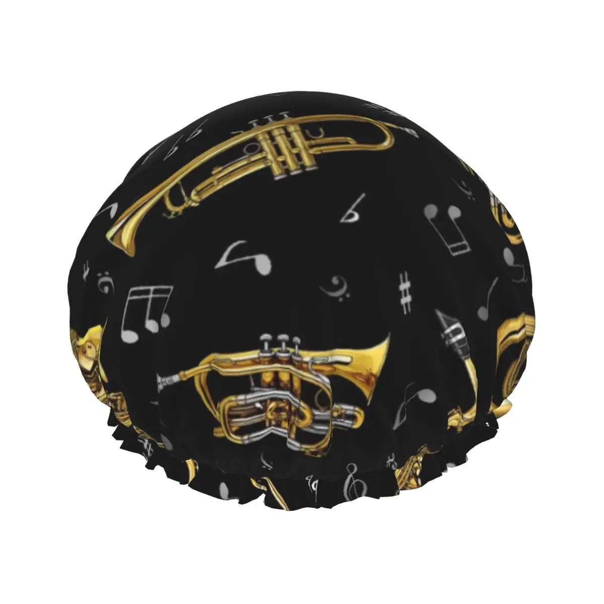 

Trumpet Musical Notes Waterproof Shower Cap with Elasticized Hem Reversible Shower Sleeping Bonnet Cap for All Hair Lengths
