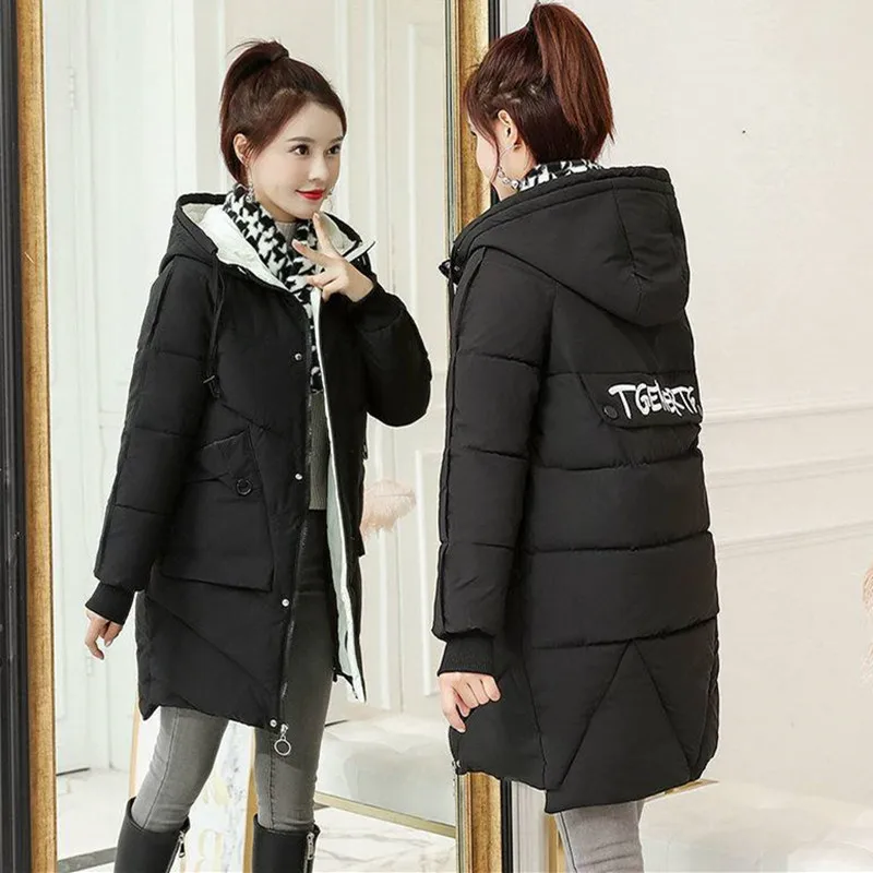 New Korean Winter Down Cotton Jacket Women's Medium Long Loose Hooded Warm Coat Thickened Student Padded Parkas Snow Wear