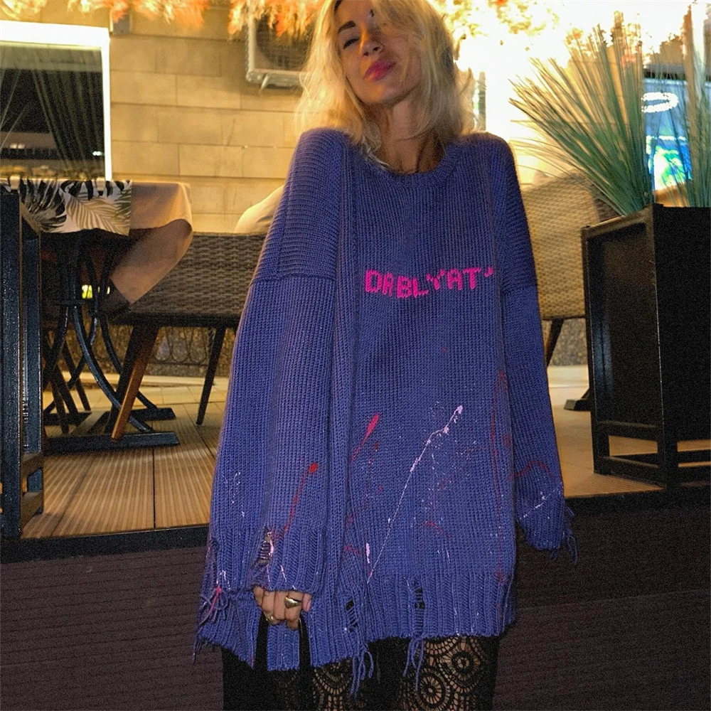 

Grunge Gothic Torn Sweater Women Winter Clothes Halloween Letter Knitwear Oversize Streetwear Round Neck Pullover Vintage 2023