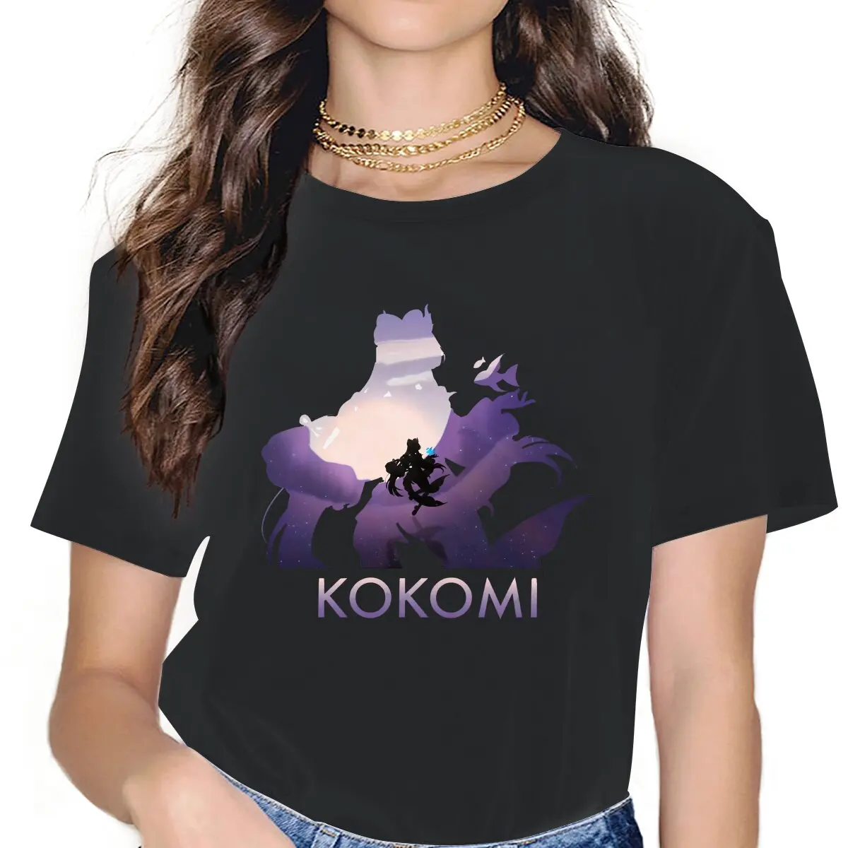 

Футболка женская хлопковая с принтом в виде силуэта Kokomi