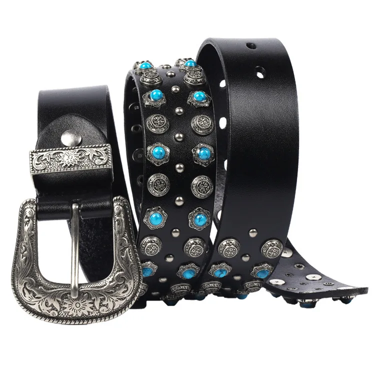 

Genuine Leather Rivet Belt Imitation Turquoise Inlaid Light Luxury Men Women Belt Ethnic Style Personality All-match Punk Belt
