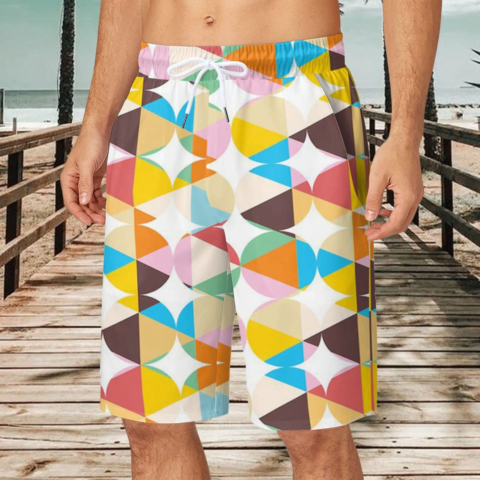 

Men Drawstring Casual Geometric Printed Beach Shorts Work Trouser Short Pants Quick Dry Breathable Swim Shorts Oversized Trunks
