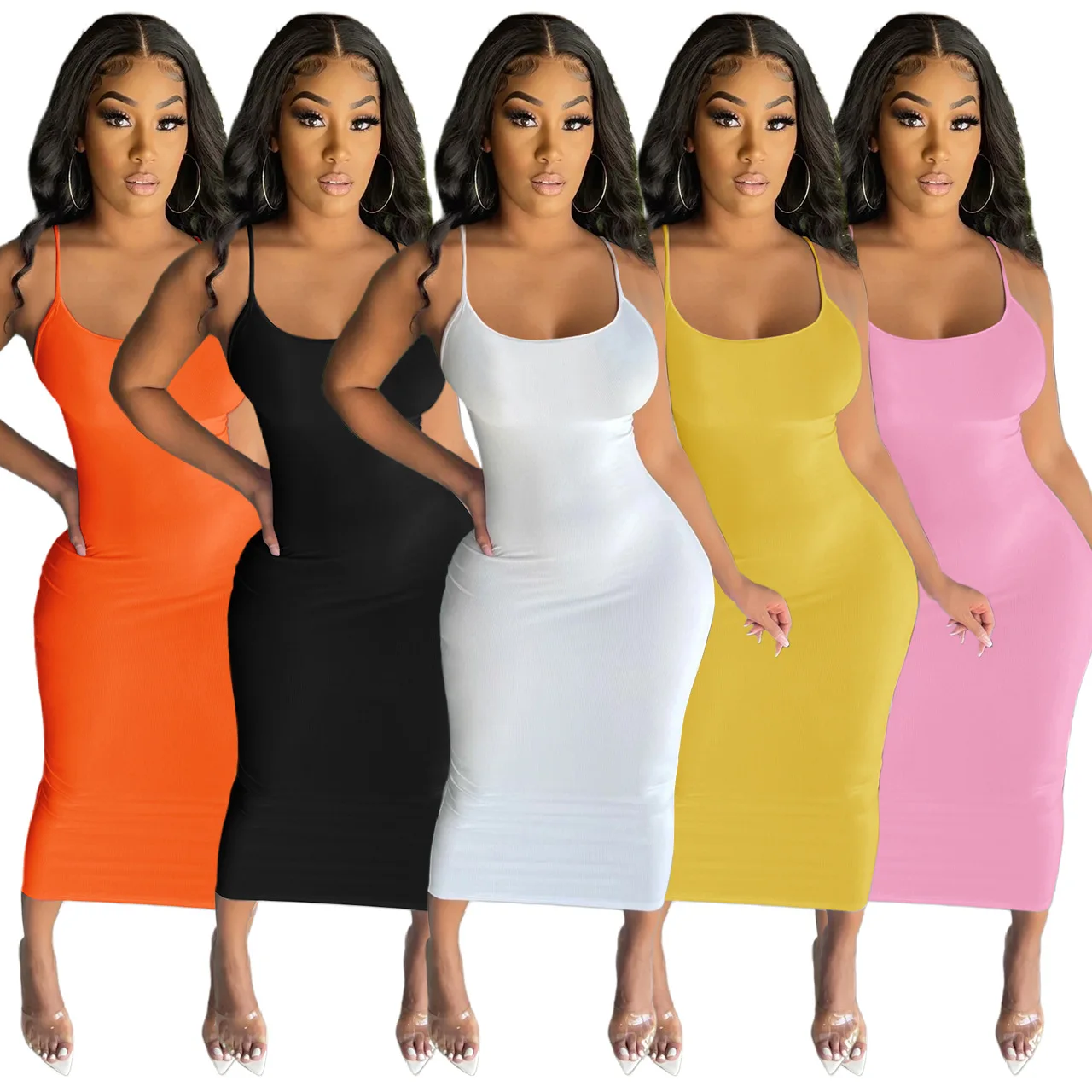 

WUHE Rib Knit Solid Spaghetti Strap Sweetheart Collar Sleeveless Bodycon Midi Maxi Dress 2023 Women Evening Sexy Party Dresses