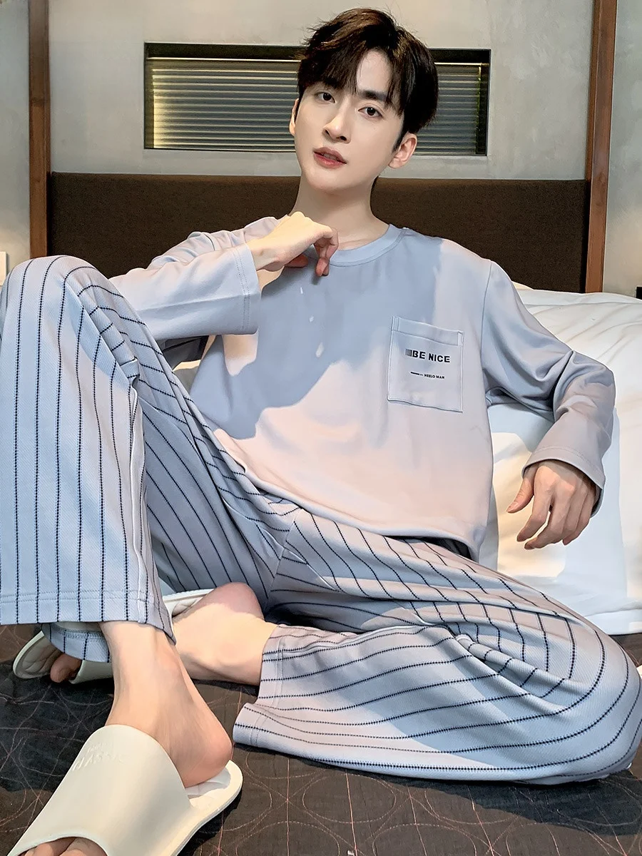 Мужские пижамы мужские весенне-осенние комплекты из чистого хлопка с длинными