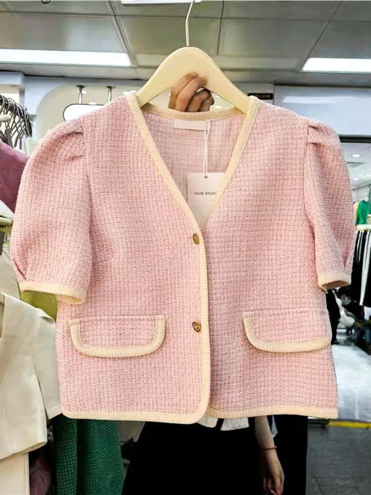 

Korean Vintage Women Tweed Coat Summer Short Sleeve V-neck Tweed Jackets Chic Ladies Fashion Jacket Tops Femme 2022