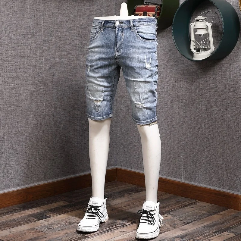

Jeans Men Short Streetwear Ripped Denim Shorts Summer Fashion Casual Light Blue Stretch Slim Fit Pants
