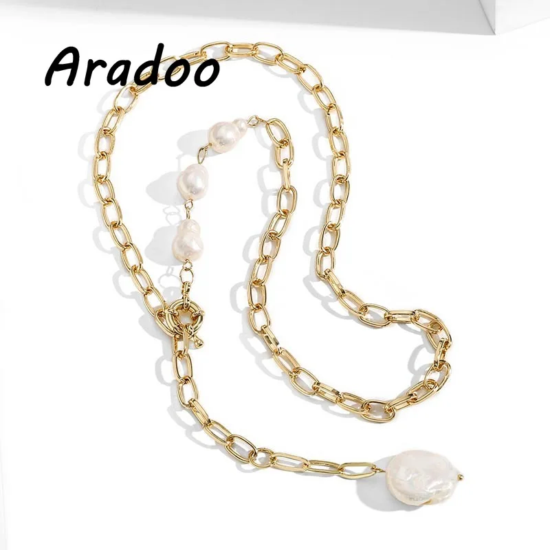 

ARADOO Fashionable Titanium Steel Plated 18K Gold Chain Necklace Baroque Shaped Pearl Pendant Necklace
