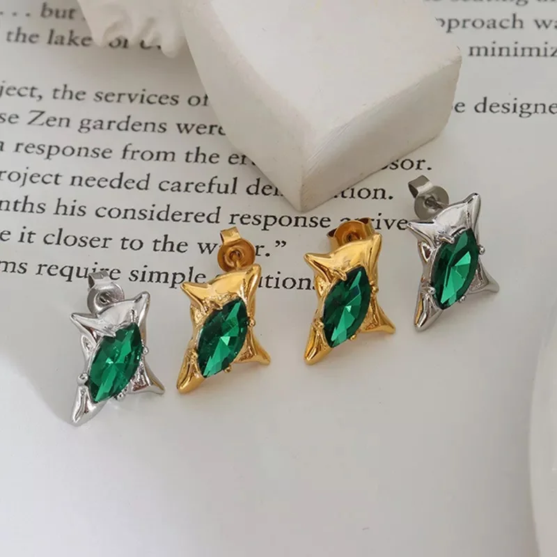 

Diamond Green Zircon Stud Earrings Ins Geometric 2022 New Spring and Summer Irregular Post Earring For Women Waterproof Jewelry