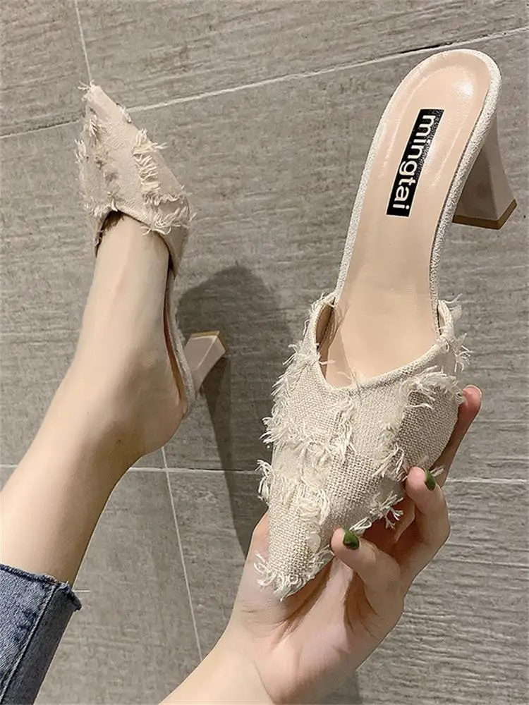 

Shoes Woman 2022 Slippers Heels Pantofle Med Square heel Female Mule Luxury Slides Cover Toe High New Block Mules Designer