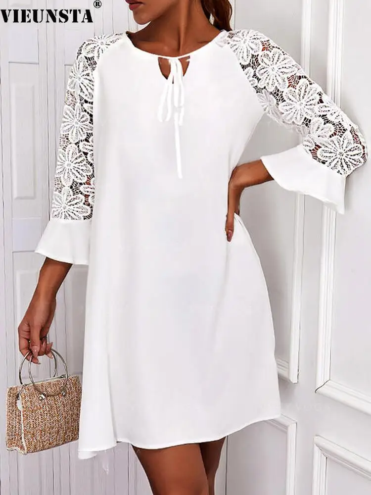 

Spring Sexy Embroidery Lace Party Dress Women Elegant Lace-up O Neck Stitching Mini Dress Autumn Mesh Sleeve Hollow Office Dress