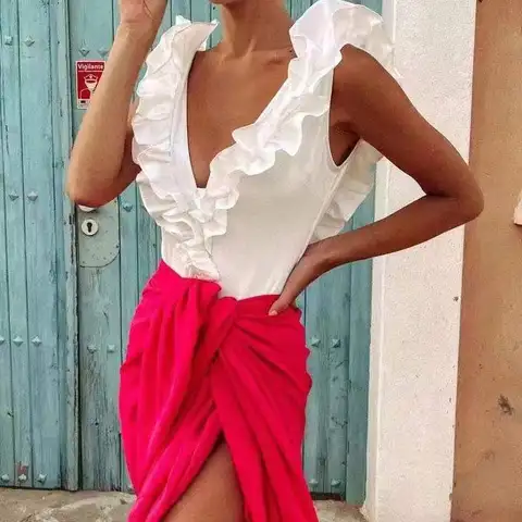 Swimsuits Women One-Piece Sexy Bikini 2023 New Push Up Swimwear Ribbed Strap Suit Biquini Beachwear High Waist Deep V Bikini Set