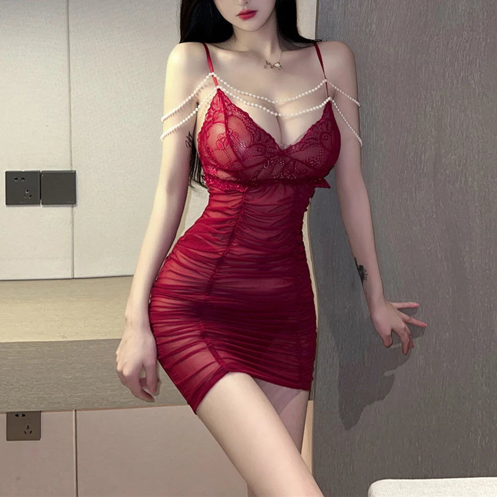 

Women Sexy Suspenders Backless Dress Nightwear Skinny Slim Hip Bodycon Dress Mesh Lace Pearl Chain Bodycon Hot Lingerie