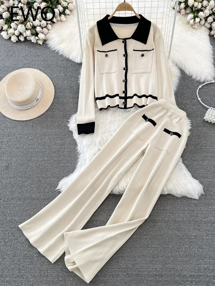 

Однобортный Трикотажный костюм EWQ с длинным рукавом и отложным воротником контрастных цветов + широкие брюки с высокой талией, Осень-зима 2023 Новинка