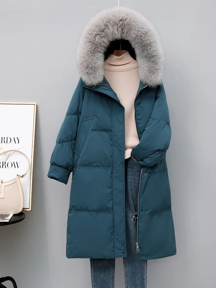 New Women Fox Fur Collar Down Jacket Casual Style Autumn Winter Long Coats And Parkas Female Outwear