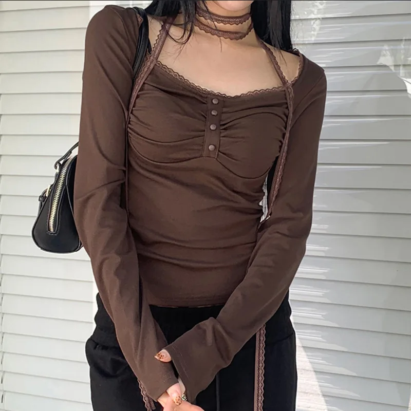 Женская одежда с квадратным воротником и кружевной лентой футболка длинными