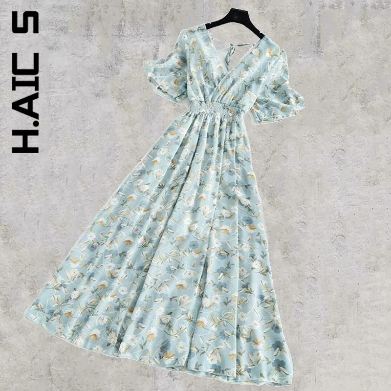 

H.Aic S Women New Dress Stylish Dresses Ruffled Short-sleeved Chiffon Dress Women's Dress Cheap Simple Clothing Female Vestidos