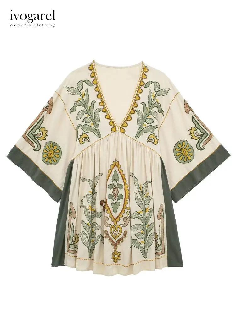 

Ivogarel 2023 Woman's Embroidered Linen Blend Dress with V-neck and Sleeves Vintage Short Dress in Tribal Style Traff Symbol