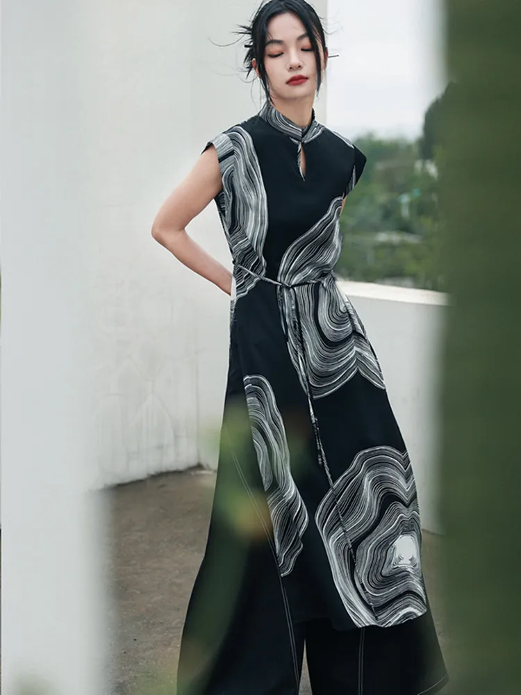 

2023 Spring/Summer New Dress High Quality Women's Dress New Chinese Style Print Chiffon Sleeveless High Slit Cheongsam Luxury