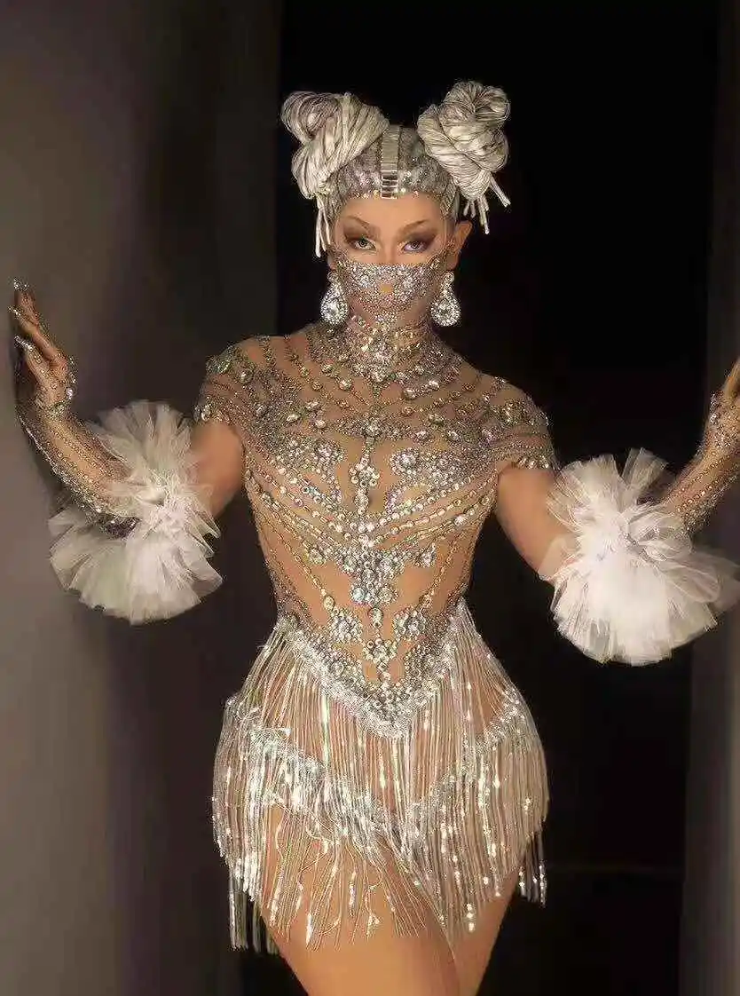 Новинка, блестящее женское танцевальное платье, перчатки, сексуальное Сетчатое прозрачное трико со стразами, танцевальная одежда для певицы, одежда для ночного клуба