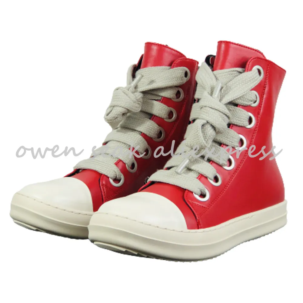 Owen Seak Women High-TOP Shoes Pu Leather Boots Men Canvas Big Lace Up Zip Luxury Trainers High Street Black Red Sneakers