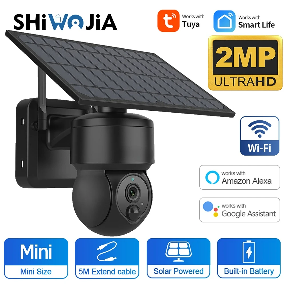 SHIWOJIA Solar Camera Outdoor WIFI 1080P Tuya Smart Home Security Protection Video Surveillance PTZ CCTV Camera PIR Motion Alarm