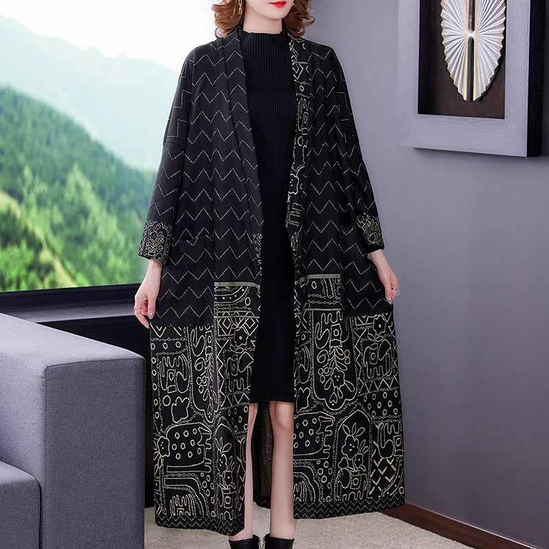 

National Style Stitching Large Size Windbreaker Women's Autumn And Winter New Retro Printed Jacquard Mid-Length Wool Coat