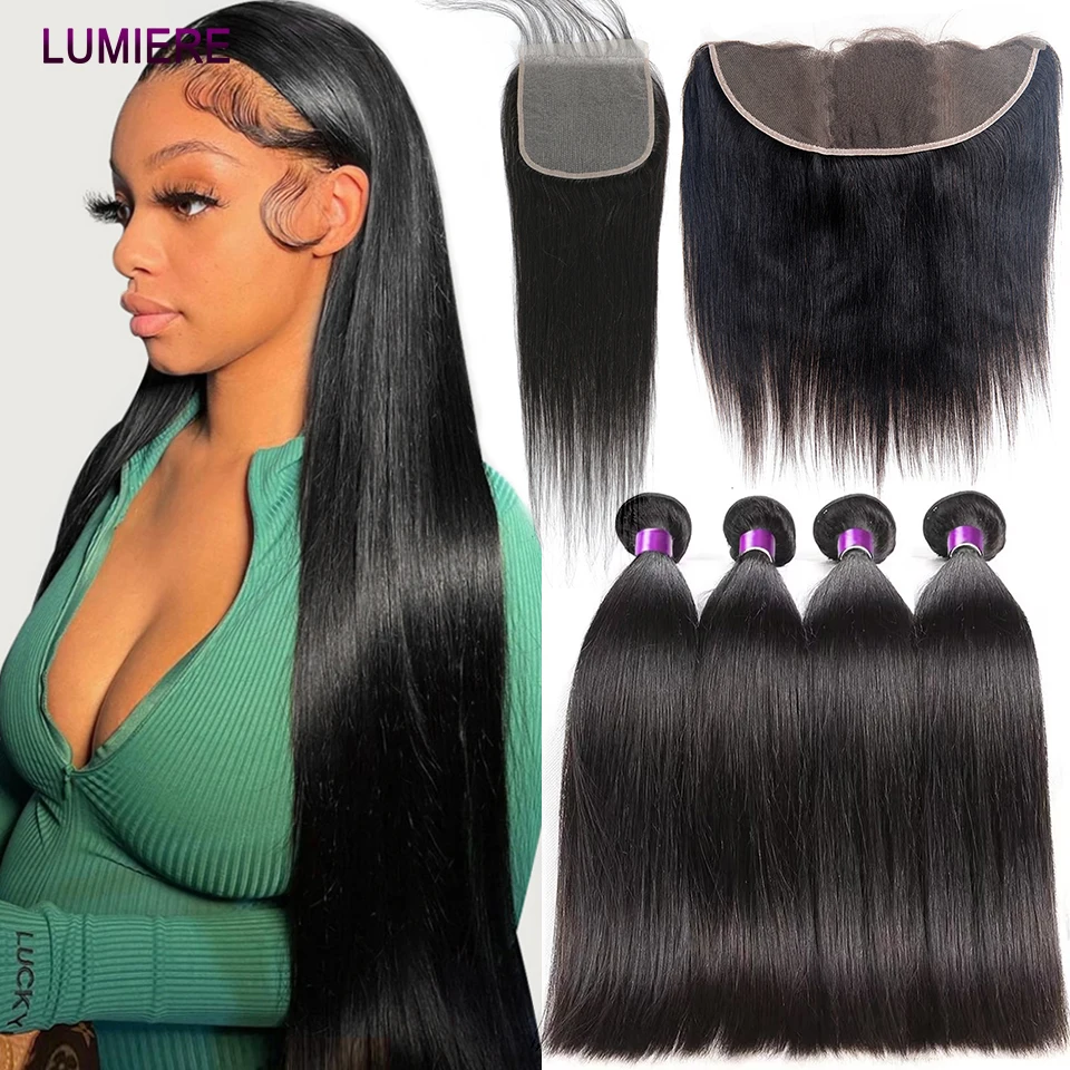 

Bone Straight 3/4 Bundles With Frontal Brazilian Remy Human Hair Bundle With Closure Lace Closure Frontal And Bundles Hair Weave